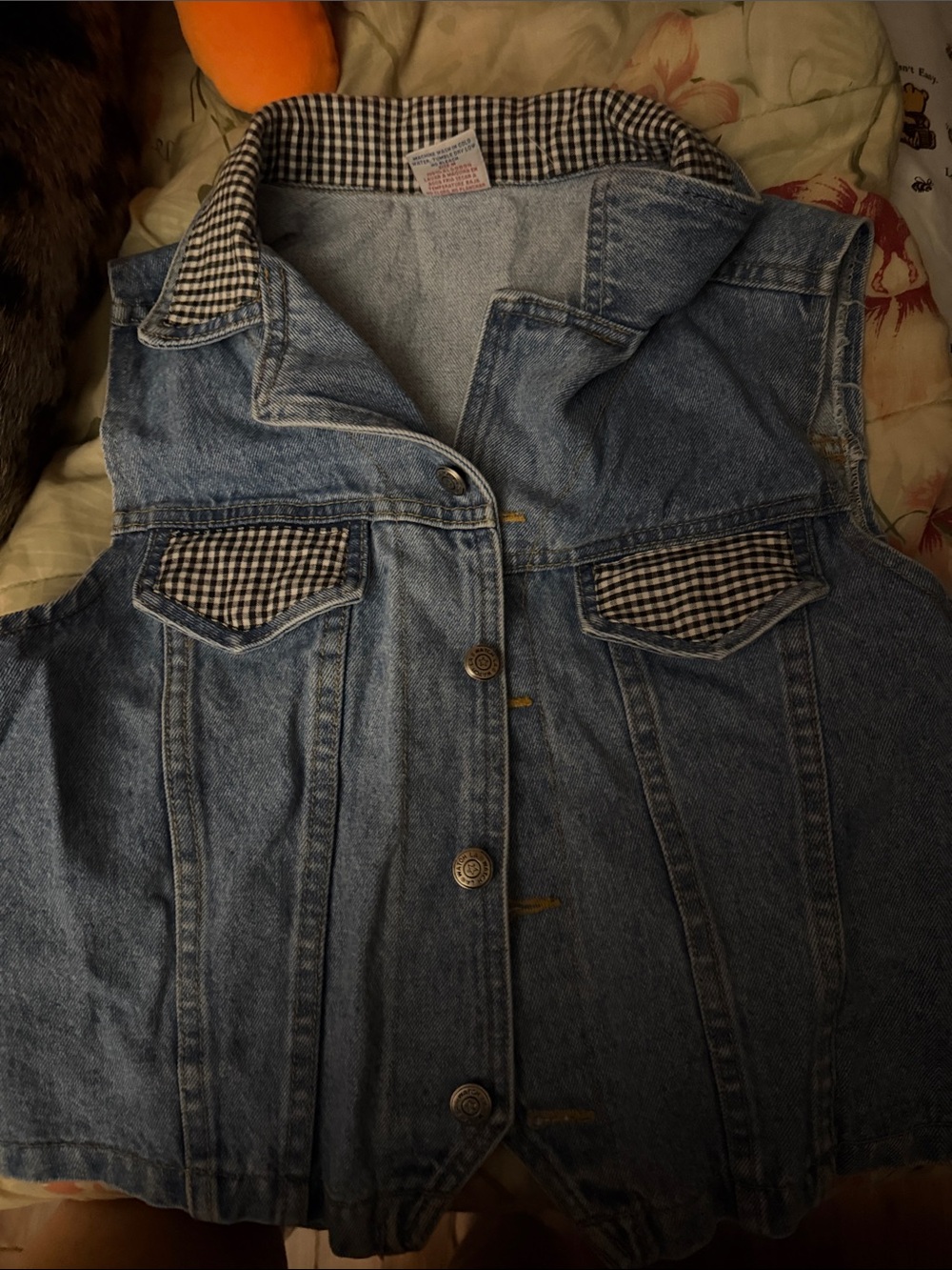 Denim Vest with Gingham Trim - Blue